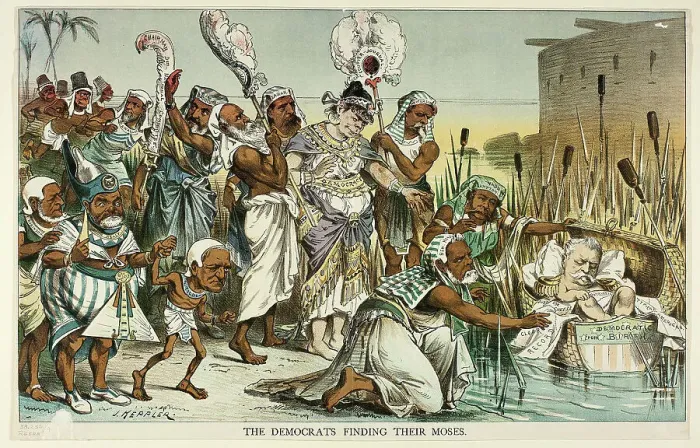 Framed Print : The Democrats Finding Their Moses, from Puck, n.d. Creator: Joseph Keppler Framed Print : The Democrats Finding Their Moses, from Puck, n.d. Creator: Joseph Keppler