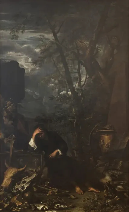 Framed Print : Democritus in Meditation on the Ending of all Things, 1650-1651. Creator: Salvator Rosa Framed Print : Democritus in Meditation on the Ending of all Things, 1650-1651. Creator: Salvator Rosa