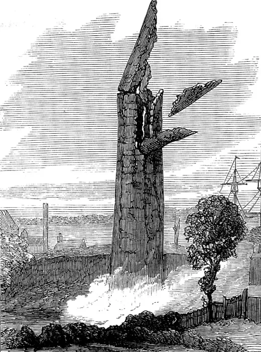 Framed Print : Demolition by gun-cotton of a chimney at North Fleet, 1873. Creator: Unknown Framed Print : Demolition by gun-cotton of a chimney at North Fleet, 1873. Creator: Unknown
