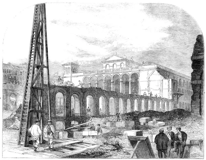 Framed Print : Demolition of Hungerford Market to make room for the Charing-Cross Railway Station, 1862. Creator: Unknown Framed Print : Demolition of Hungerford Market to make room for the Charing-Cross Railway Station, 1862. Creator: Unknown