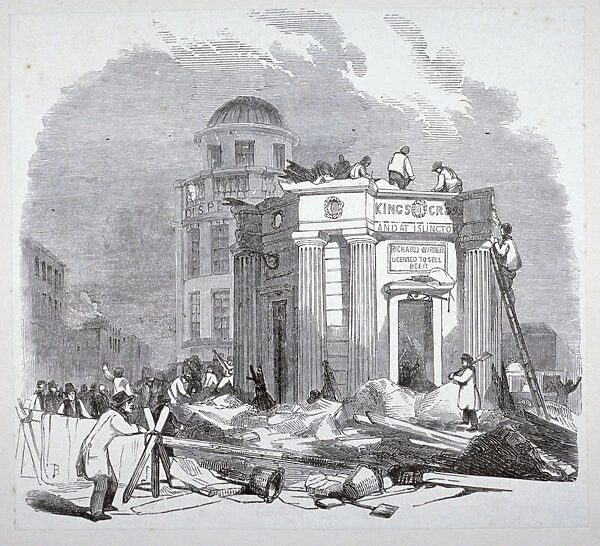 Demolition of the monument to George IV, Kings Cross, London, 1845