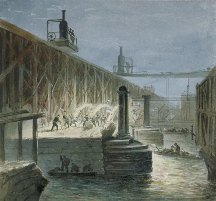 Framed Print : Demolition work being carried out on Blackfriars Bridge from the Surrey shore, London, 1865 Framed Print : Demolition work being carried out on Blackfriars Bridge from the Surrey shore, London, 1865