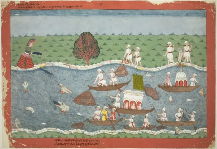 Framed Print : The Demon Sambar Throws the Infant Pradyumna into the River, from a copy of the Bhagavat Framed Print : The Demon Sambar Throws the Infant Pradyumna into the River, from a copy of the Bhagavat