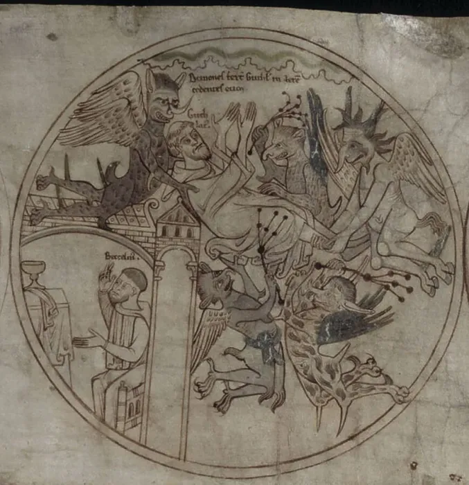 Framed Print : Demons attack Guthlac (Manuscript The life of Saint Guthlac), Early 12th century. Artist: Anonymous Framed Print : Demons attack Guthlac (Manuscript The life of Saint Guthlac), Early 12th century. Artist: Anonymous
