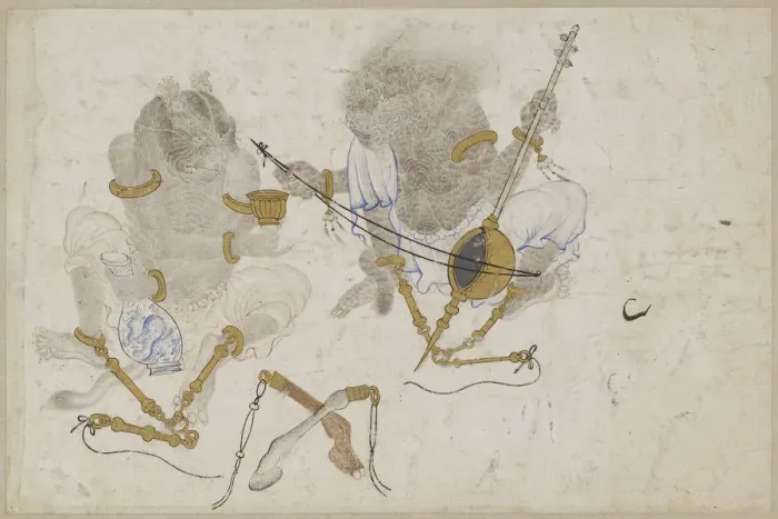 Framed Print : Two demons, fettered, 15th century. Artist: Iranian master Framed Print : Two demons, fettered, 15th century. Artist: Iranian master
