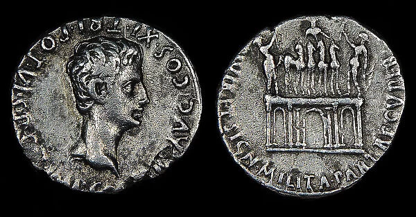 Denarius of Augustus. Obverse: Head of Augustus. Reverse: quadriga on... 18th-16th cen. BC. Creator: Numismatic, Ancient Coins