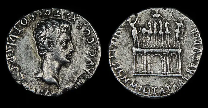 Framed Print : Denarius of Augustus. Obverse: Head of Augustus. Reverse: quadriga on... 18th-16th cen. BC. Creator: Numismatic, Ancient Coins Framed Print : Denarius of Augustus. Obverse: Head of Augustus. Reverse: quadriga on... 18th-16th cen. BC. Creator: Numismatic, Ancient Coins