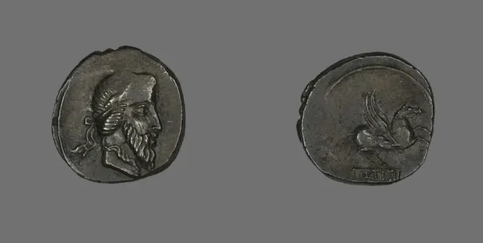 Framed Print : Denarius (Coin) Depicting a Bearded Man, about 90 BCE. Creator: Unknown Framed Print : Denarius (Coin) Depicting a Bearded Man, about 90 BCE. Creator: Unknown