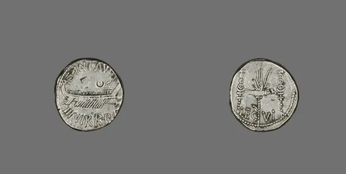 Framed Print : Denarius (Coin) Depicting a Galley, 32-31 BCE, issued by Marc Antony. Creator: Unknown Framed Print : Denarius (Coin) Depicting a Galley, 32-31 BCE, issued by Marc Antony. Creator: Unknown
