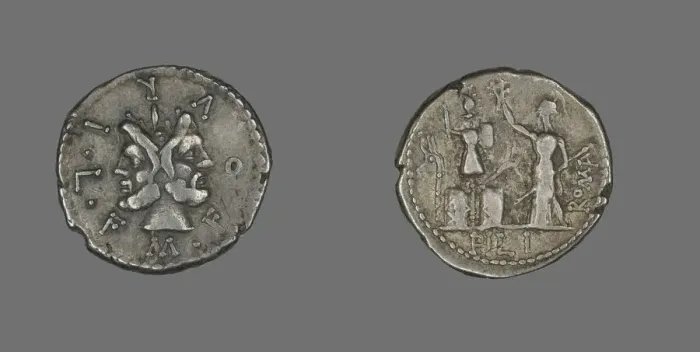 Framed Print : Denarius (Coin) Depicting the God Janus, 119 BCE. Creator: Unknown Framed Print : Denarius (Coin) Depicting the God Janus, 119 BCE. Creator: Unknown