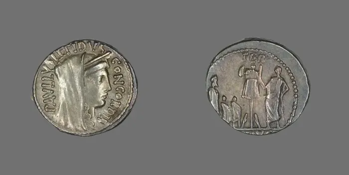Framed Print : Denarius (Coin) Depicting the Goddess Concordia, about 62 BCE. Creator: Unknown Framed Print : Denarius (Coin) Depicting the Goddess Concordia, about 62 BCE. Creator: Unknown