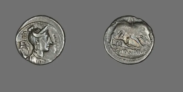 Framed Print : Denarius (Coin) Depicting the Goddess Diana, about 68 BCE. Creator: Unknown Framed Print : Denarius (Coin) Depicting the Goddess Diana, about 68 BCE. Creator: Unknown
