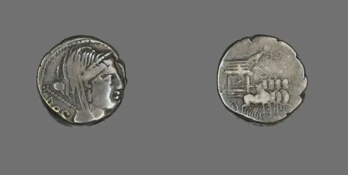 Framed Print : Denarius (Coin) Depicting the Goddess Juno, about 87 or 83 BCE. Creator: Unknown Framed Print : Denarius (Coin) Depicting the Goddess Juno, about 87 or 83 BCE. Creator: Unknown