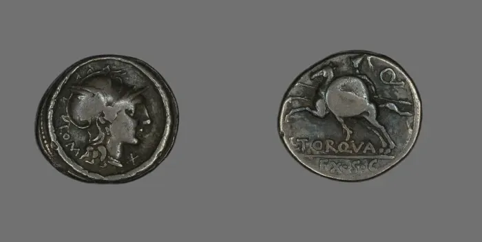 Framed Print : Denarius (Coin) Depicting the Goddess Roma, 113-112 BCE. Creator: Unknown Framed Print : Denarius (Coin) Depicting the Goddess Roma, 113-112 BCE. Creator: Unknown