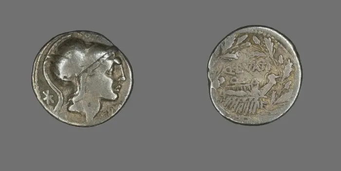 Framed Print : Denarius (Coin) Depicting the Goddess Roma, 109-108 BCE. Creator: Unknown Framed Print : Denarius (Coin) Depicting the Goddess Roma, 109-108 BCE. Creator: Unknown