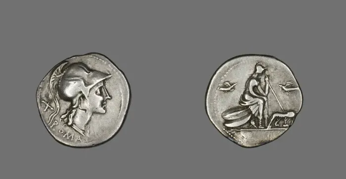 Framed Print : Denarius (Coin) Depicting the Goddess Roma, 115 or 114 BCE. Creator: Unknown Framed Print : Denarius (Coin) Depicting the Goddess Roma, 115 or 114 BCE. Creator: Unknown