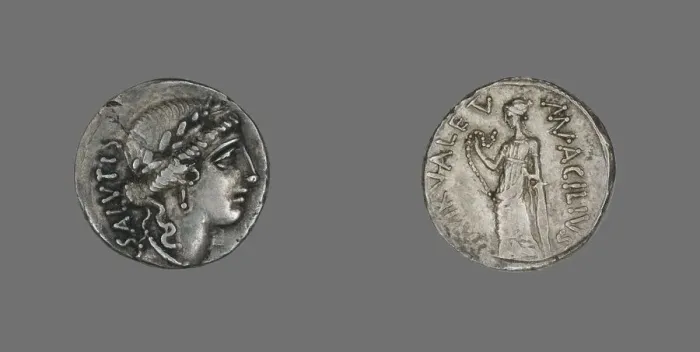 Framed Print : Denarius (Coin) Depicting the Goddess Salus, about 49 BCE. Creator: Unknown Framed Print : Denarius (Coin) Depicting the Goddess Salus, about 49 BCE. Creator: Unknown