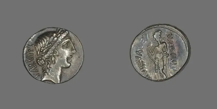 Framed Print : Denarius (Coin) Depicting the Goddess Salus, about 49 BCE. Creator: Unknown Framed Print : Denarius (Coin) Depicting the Goddess Salus, about 49 BCE. Creator: Unknown