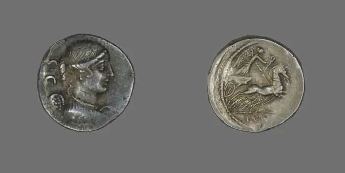 Framed Print : Denarius (Coin) Depicting the Goddess Victory, about 46 BCE. Creator: Unknown Framed Print : Denarius (Coin) Depicting the Goddess Victory, about 46 BCE. Creator: Unknown