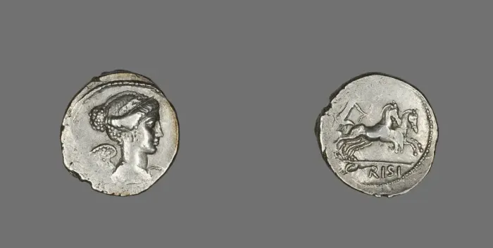 Framed Print : Denarius (Coin) Depicting the Goddess Victory, 46 BCE. Creator: Unknown Framed Print : Denarius (Coin) Depicting the Goddess Victory, 46 BCE. Creator: Unknown