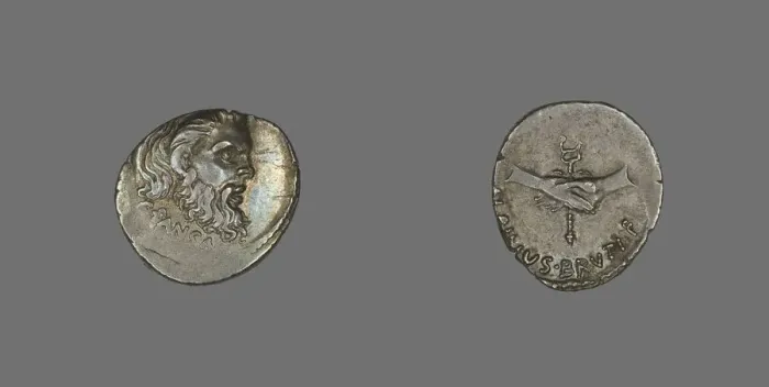 Framed Print : Denarius (Coin) Depicting the Mask of Pan, 48 BCE. Creator: Unknown Framed Print : Denarius (Coin) Depicting the Mask of Pan, 48 BCE. Creator: Unknown