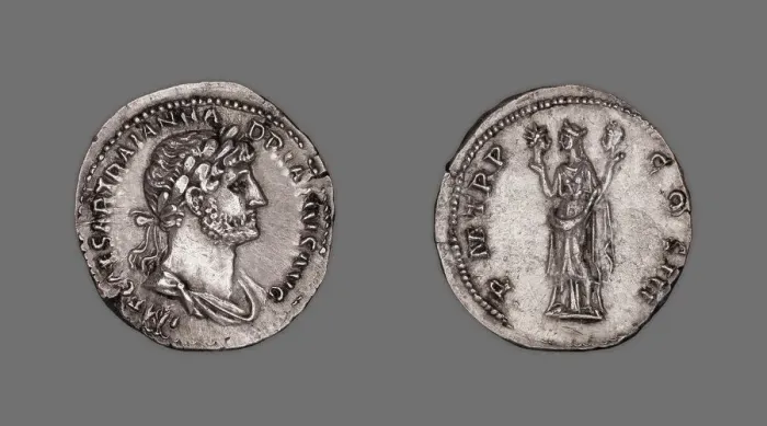 Framed Print : Denarius (Coin) Portraying Emperor Hadrian, 119-22, issued by Hadrian. Creator: Unknown Framed Print : Denarius (Coin) Portraying Emperor Hadrian, 119-22, issued by Hadrian. Creator: Unknown