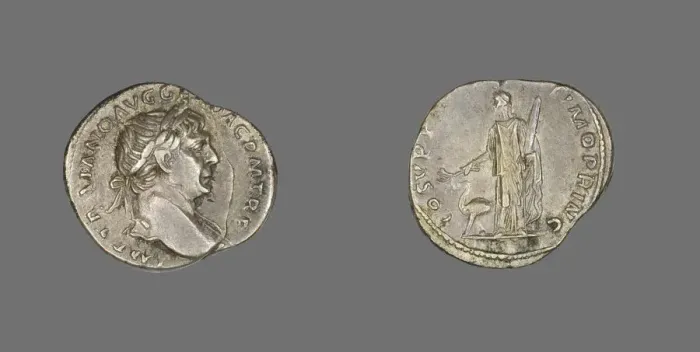 Framed Print : Denarius (Coin) Portraying Emperor Trajan, 98-117. Creator: Unknown Framed Print : Denarius (Coin) Portraying Emperor Trajan, 98-117. Creator: Unknown