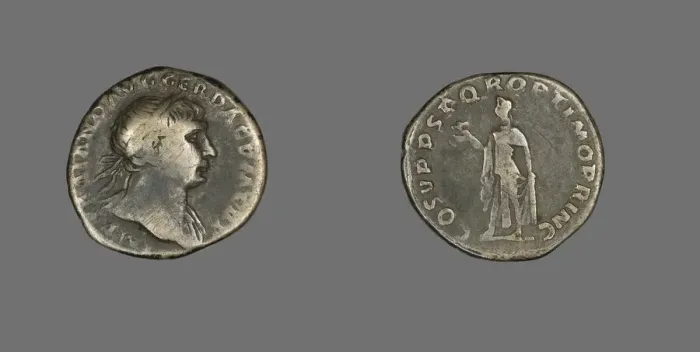 Framed Print : Denarius (Coin) Portraying Emperor Trajan, 103-111. Creator: Unknown Framed Print : Denarius (Coin) Portraying Emperor Trajan, 103-111. Creator: Unknown