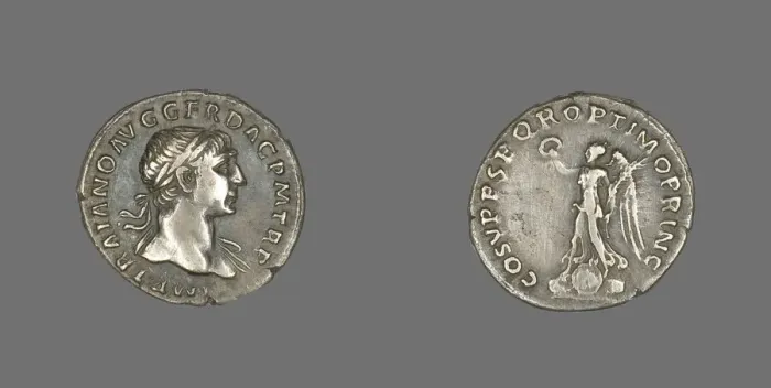 Framed Print : Denarius (Coin) Portraying Emperor Trajan, 103-111. Creator: Unknown Framed Print : Denarius (Coin) Portraying Emperor Trajan, 103-111. Creator: Unknown