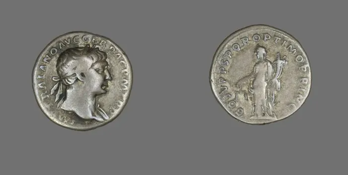 Framed Print : Denarius (Coin) Portraying Emperor Trajan, 103-111. Creator: Unknown Framed Print : Denarius (Coin) Portraying Emperor Trajan, 103-111. Creator: Unknown
