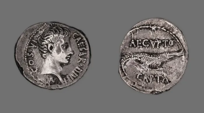 Framed Print : Denarius (Coin) Portraying Octavian, 28 BCE, issued by Octavian. Creator: Unknown