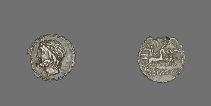 Framed Print : Denarius Serratus (Coin) Depicting the God Saturn, 106 BCE. Creator: Unknown
