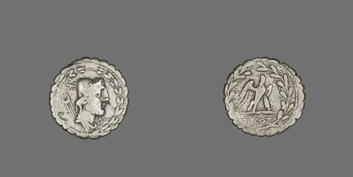 Framed Print : Denarius Serratus (Coin) Depicting the God Vulcan, 105 BCE. Creator: Unknown Framed Print : Denarius Serratus (Coin) Depicting the God Vulcan, 105 BCE. Creator: Unknown