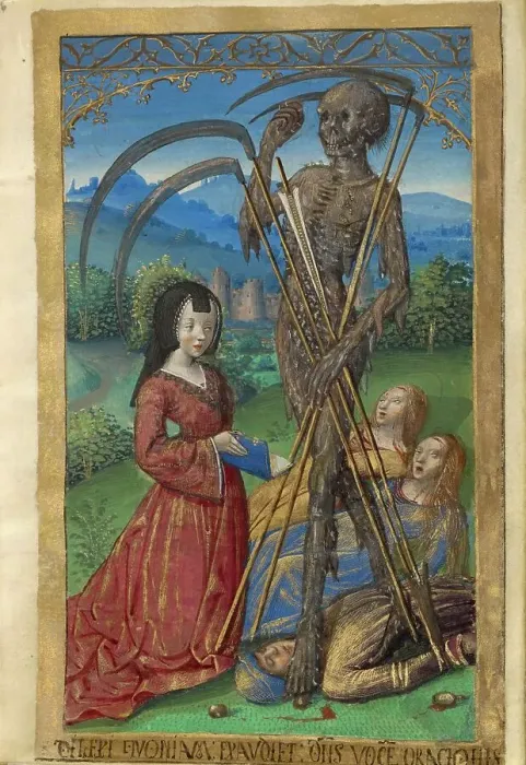Framed Print : Denise Poncher before a Vision of Death; Poncher Hours, about 1500. Creator: Master of the Chronique Scandaleuse Framed Print : Denise Poncher before a Vision of Death; Poncher Hours, about 1500. Creator: Master of the Chronique Scandaleuse