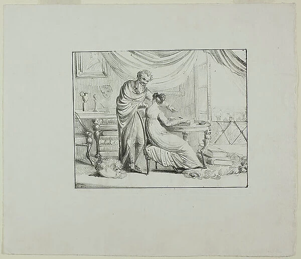 Denon Instructing a Young Woman Drawing on a Lithographic Stone, c. 1820. Creator: Vivant Denon