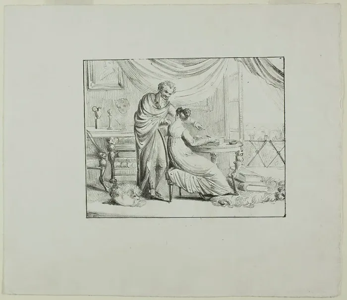 Framed Print : Denon Instructing a Young Woman Drawing on a Lithographic Stone, c. 1820. Creator: Vivant Denon Framed Print : Denon Instructing a Young Woman Drawing on a Lithographic Stone, c. 1820. Creator: Vivant Denon