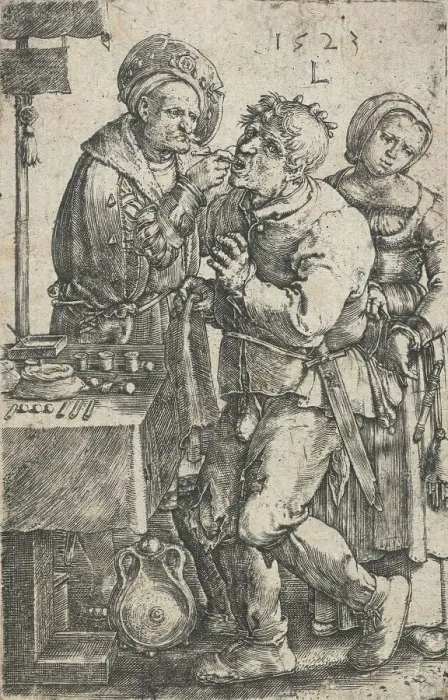 Framed Print : The dentist, 1523. Creator: Lucas van Leyden Framed Print : The dentist, 1523. Creator: Lucas van Leyden