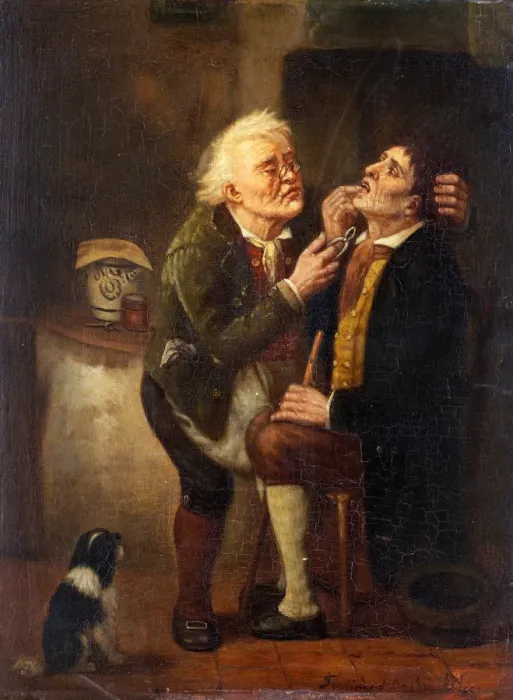Framed Print : At the dentist. Artist: Braekeleer, Ferdinand de, the Elder (1792-1883) Framed Print : At the dentist. Artist: Braekeleer, Ferdinand de, the Elder (1792-1883)