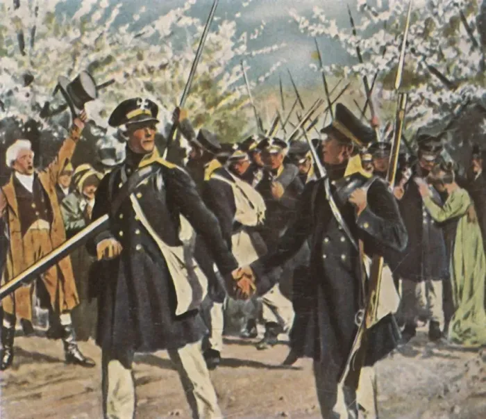 Framed Print : Departure of the army in the struggle for independence, Spring 1813, (1936). Creator: Unknown Framed Print : Departure of the army in the struggle for independence, Spring 1813, (1936). Creator: Unknown