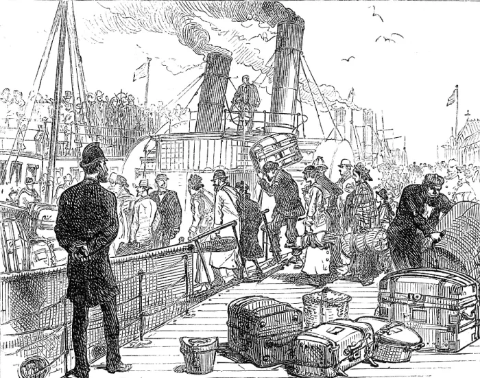 Framed Print : Departure of a Cunard steamer from Liverpool: going on board the tender, 1881. Creator: Unknown Framed Print : Departure of a Cunard steamer from Liverpool: going on board the tender, 1881. Creator: Unknown