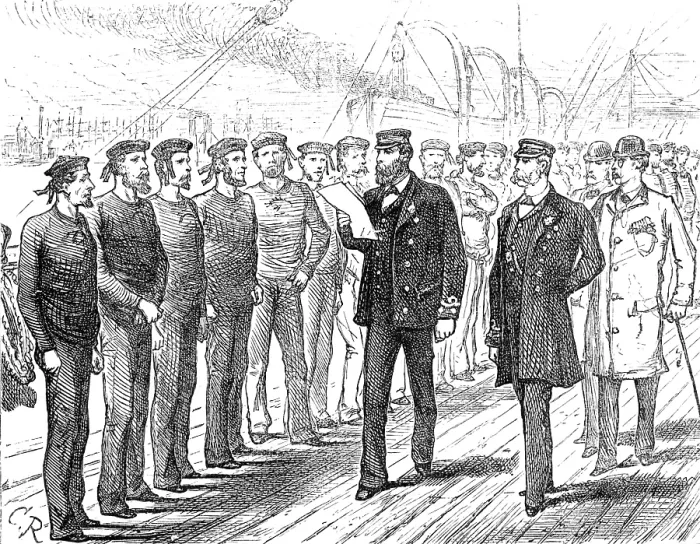Framed Print : Departure of a Cunard steamer from Liverpool: muster of the crew for inspection, 1881. Creator: Unknown Framed Print : Departure of a Cunard steamer from Liverpool: muster of the crew for inspection, 1881. Creator: Unknown