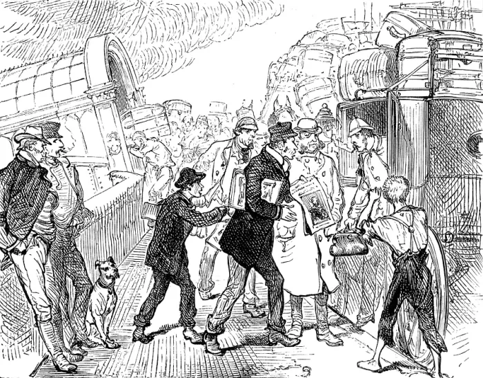 Framed Print : Departure of a Cunard steamer from Liverpool: passengers arriving at the landing-stage, 1881. Creator: Unknown Framed Print : Departure of a Cunard steamer from Liverpool: passengers arriving at the landing-stage, 1881. Creator: Unknown