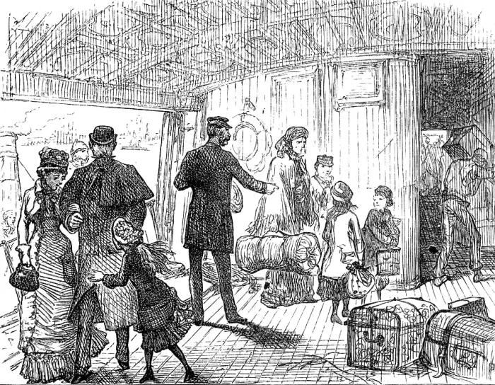 Framed Print : Departure of a Cunard steamer from Liverpool: passengers coming on board, 1881. Creator: Unknown Framed Print : Departure of a Cunard steamer from Liverpool: passengers coming on board, 1881. Creator: Unknown