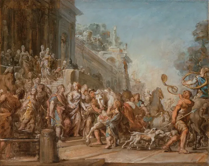Framed Print : The Departure of Dido and Aeneas for the Hunt, between 1772 and 1774. Creator: Jean Bernard Restout Framed Print : The Departure of Dido and Aeneas for the Hunt, between 1772 and 1774. Creator: Jean Bernard Restout