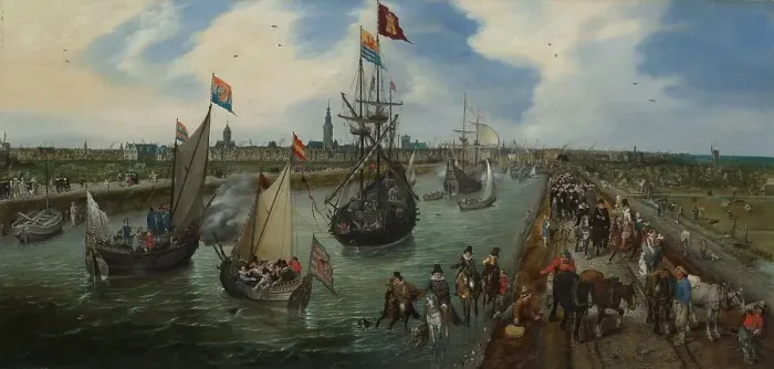Framed Print : The Departure of a Dignitary from Middelburg, 1615. Creator: Adriaen van de Venne