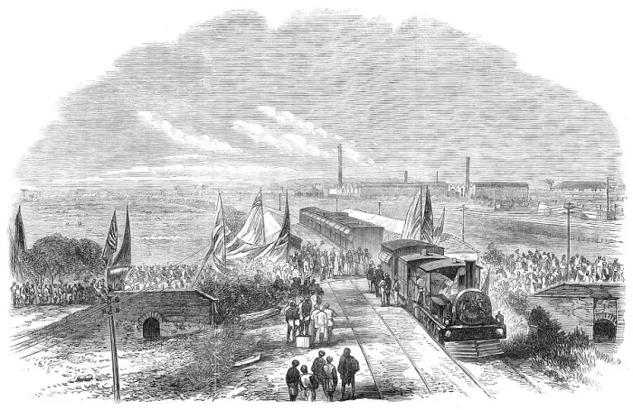 Framed Print : Departure of the Duke of Edinburgh from the Parell Station...Great Indian Peninsular Railway, 1870. Creator: Unknown