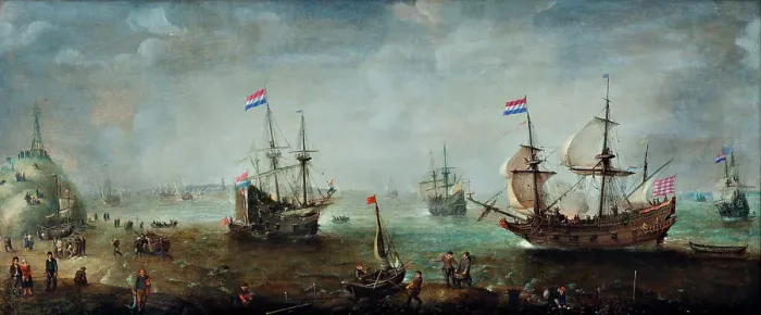Framed Print : Departure of a Dutch Fleet on the Vlieree Near the Island of Vlieland, 1600-1625. Creator: Cornelis Claesz van Wieringen Framed Print : Departure of a Dutch Fleet on the Vlieree Near the Island of Vlieland, 1600-1625. Creator: Cornelis Claesz van Wieringen
