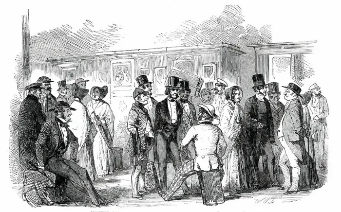 Framed Print : Departure of English Members of the Peace Congress for Frankfort, 1850. Creator: W. T Framed Print : Departure of English Members of the Peace Congress for Frankfort, 1850. Creator: W. T