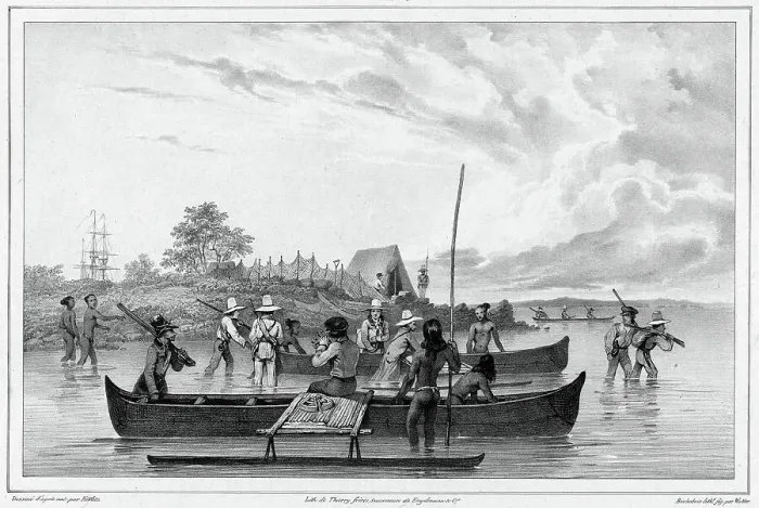 Framed Print : Departure for an excursion to the island of Ualan (the Carolinas), 19th century. Creators: Friedrich Heinrich Kittlitz, Godefroy Engelmann, Emile-Charles Wattier Framed Print : Departure for an excursion to the island of Ualan (the Carolinas), 19th century. Creators: Friedrich Heinrich Kittlitz, Godefroy Engelmann, Emile-Charles Wattier
