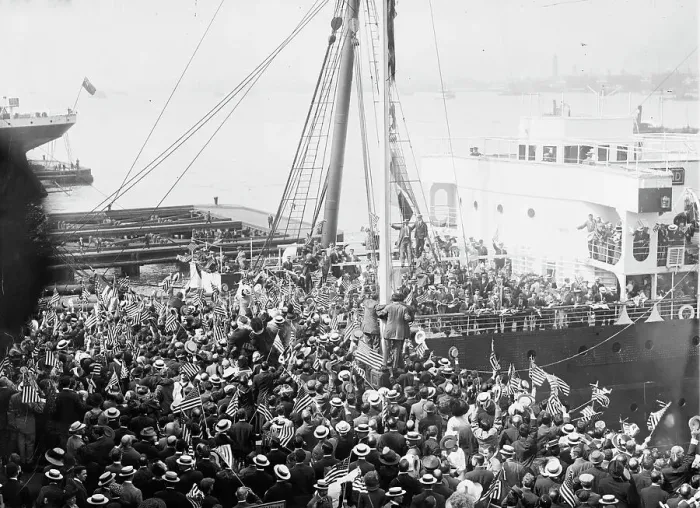Framed Print : Departure of FINLAND with Olympic candidates, 1912. Creator: Bain News Service Framed Print : Departure of FINLAND with Olympic candidates, 1912. Creator: Bain News Service